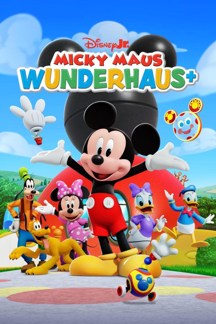 Das Titelbild der Kinderserie „Micky Maus Wunderhaus“ mit Micky, Minnie, Donald, Goofy, Daisy und Pluto.