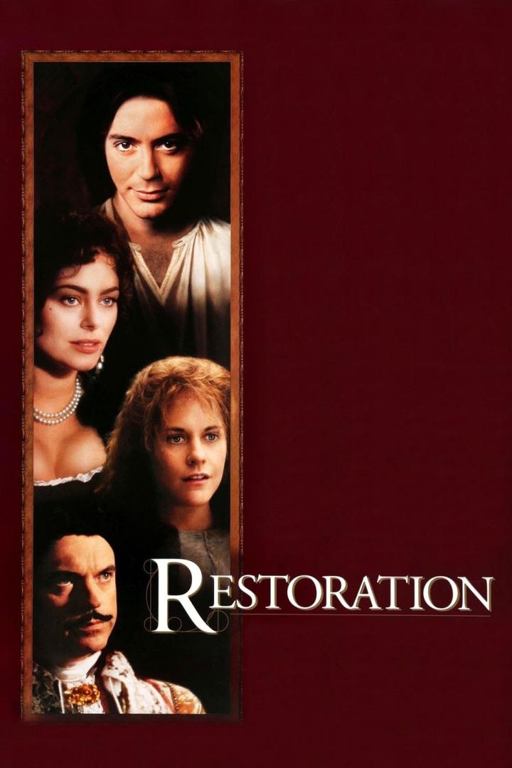 Das Filmplakat für „Restoration“ zeigt mehrere Porträts vor einem weinroten Hintergrund.