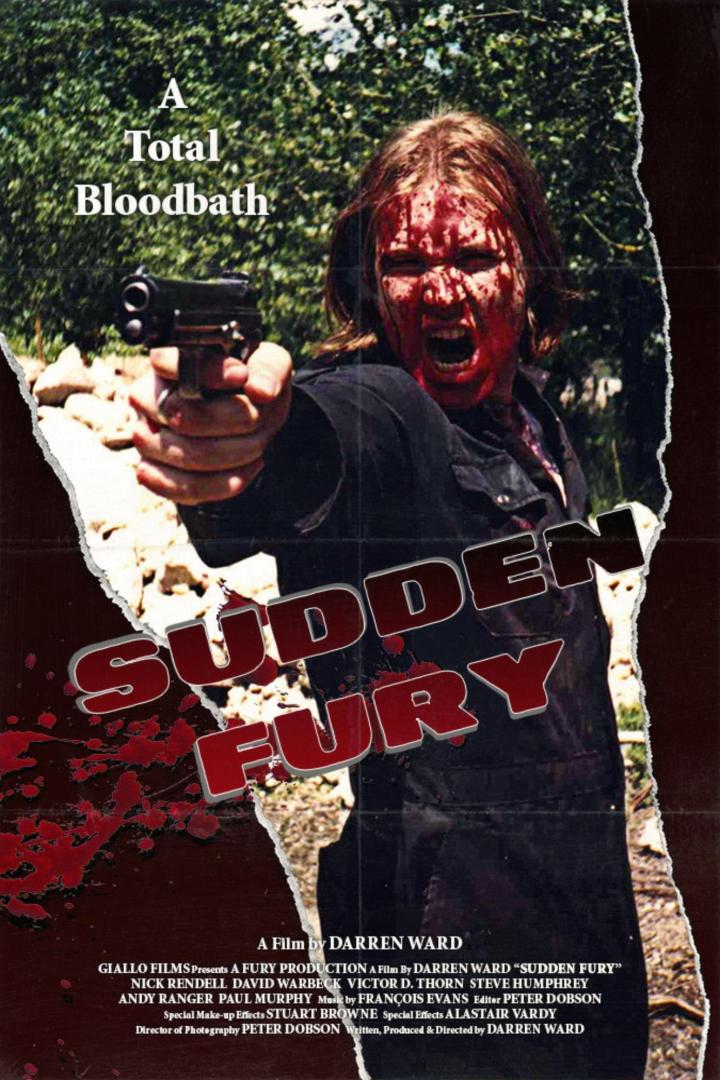 Ein blutverschmierter Mann zielt mit einer Pistole auf dem Filmplakat von „Sudden Fury“.