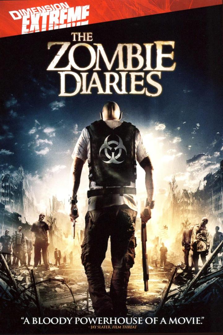 Ein Mann mit Waffen steht inmitten einer zerstörten Stadt voller Zombies. Das Cover von „The Zombie Diaries“ ist zu sehen.