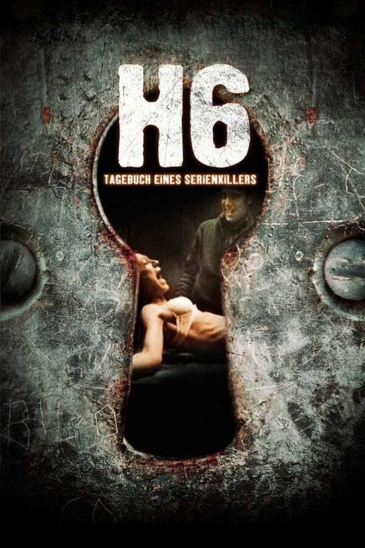 Das Filmplakat für „H6: Tagebuch eines Serienkillers“ zeigt eine Frau in Todesangst durch ein Schlüsselloch betrachtet.