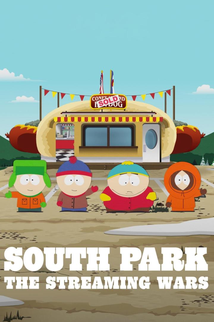 Die vier Hauptfiguren aus „South Park“ stehen vor einem Hotdog-Stand.