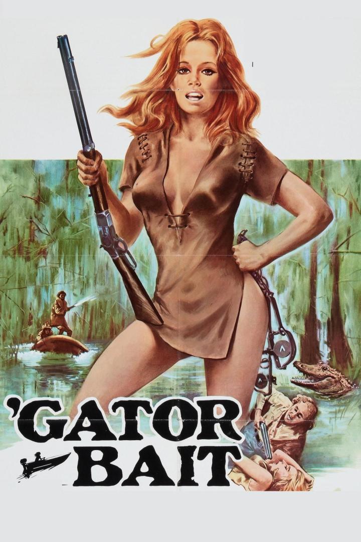Das Filmplakat für „Gator Bait“ zeigt eine Frau mit Gewehr und Krokodilfallen im Sumpf.