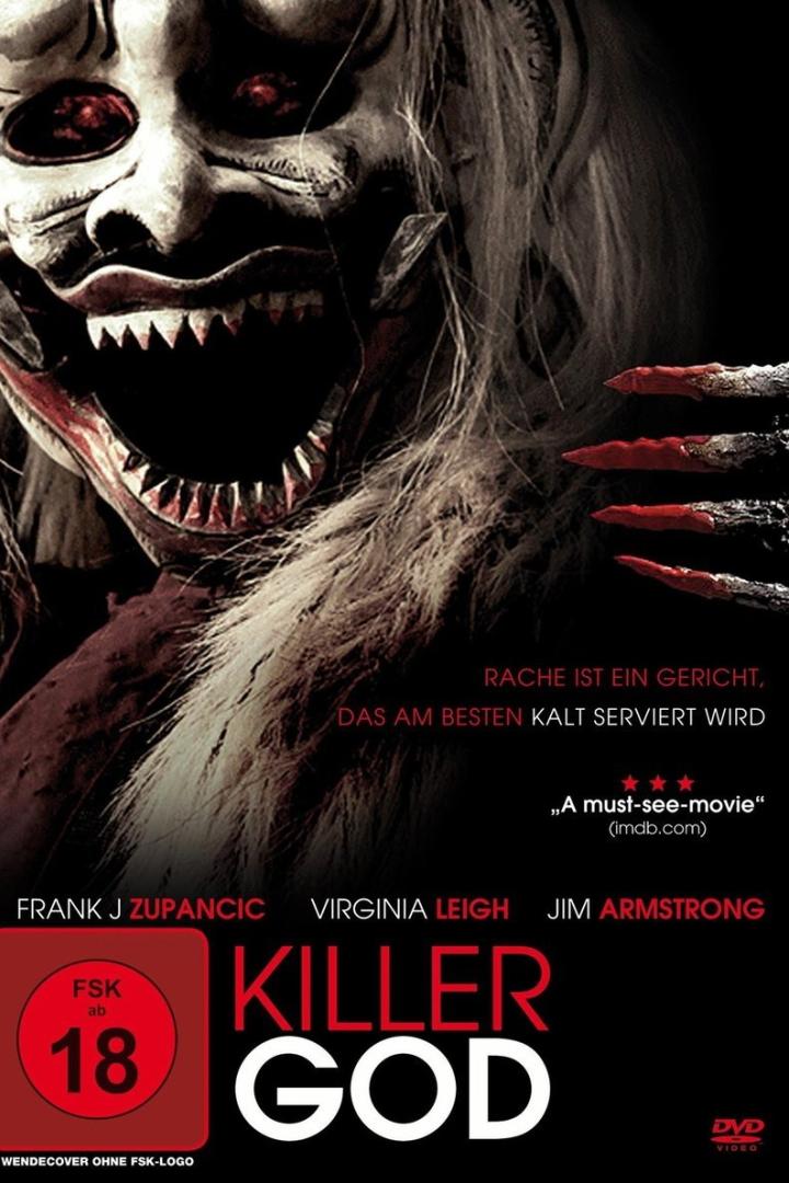 Das Filmplakat für „Killer God“ zeigt ein gruseliges Monster mit roten Augen und blutigen Händen.