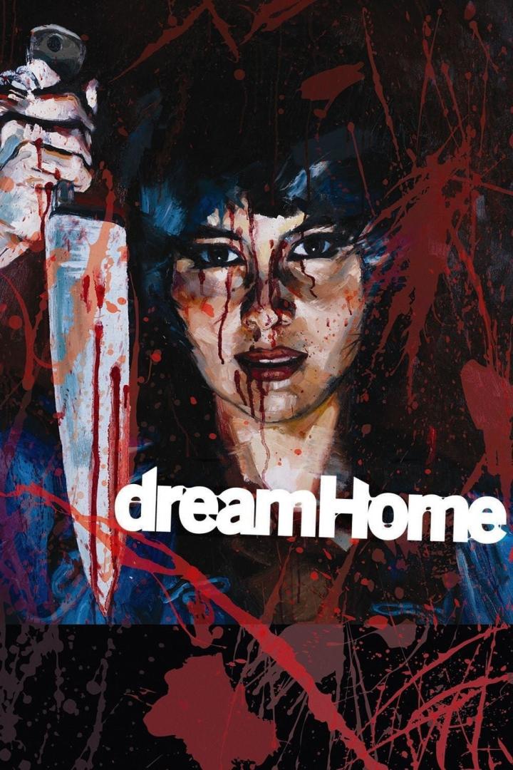 Das Filmplakat für „Dream Home“ zeigt eine Frau mit blutverschmiertem Gesicht und einem Messer in der Hand.