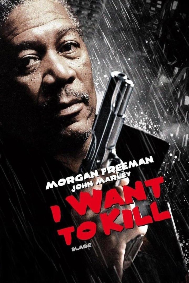 Das Filmplakat für „I Want to Kill“ zeigt Morgan Freeman mit einer Pistole im Regen.