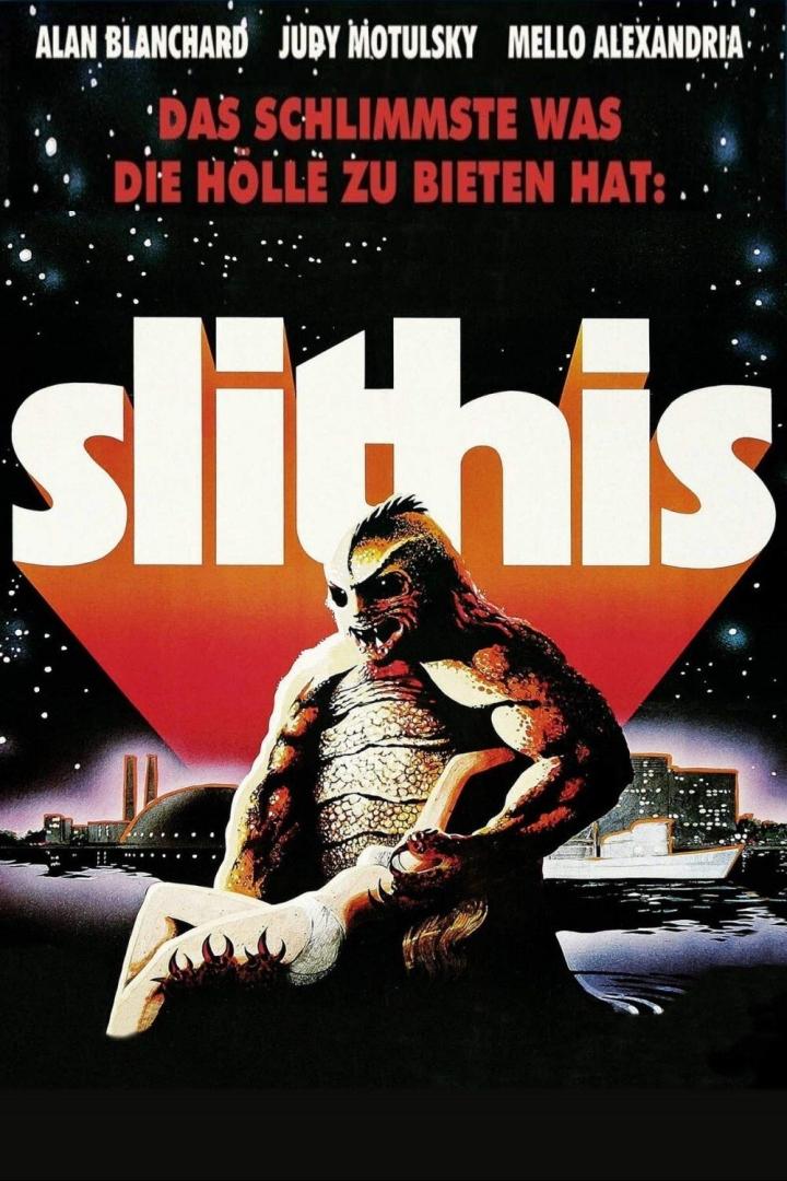 Das Filmplakat für „Slithis“ zeigt ein Monster, das eine Frau vor einer Stadtkulisse trägt.