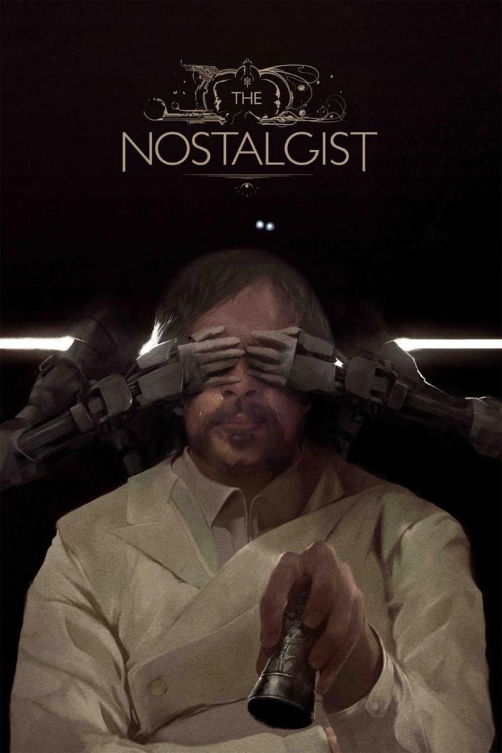 Ein Mann mit Tränen in den Augen, dem Roboterhände die Augen zuhalten, im Filmplakat zu „The Nostalgist“.