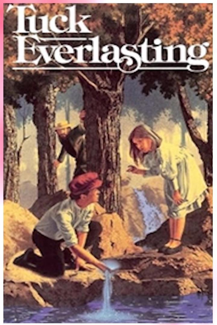 Das Buchcover von „Tuck Everlasting“ zeigt Kinder an einer Quelle im Wald.
