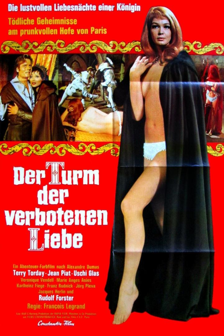 Das Filmplakat für „Der Turm der verbotenen Liebe“ zeigt eine Frau mit einem Umhang.