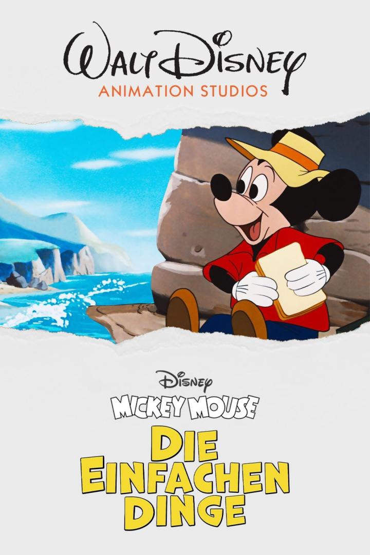 Micky Maus sitzt am Strand und hält ein Sandwich in der Hand, wie auf dem Cover von „Die einfachen Dinge“.