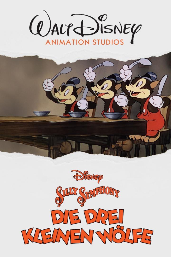 Das Filmplakat für „Die drei kleinen Wölfe“ von Disney zeigt drei Wölfe am Esstisch.