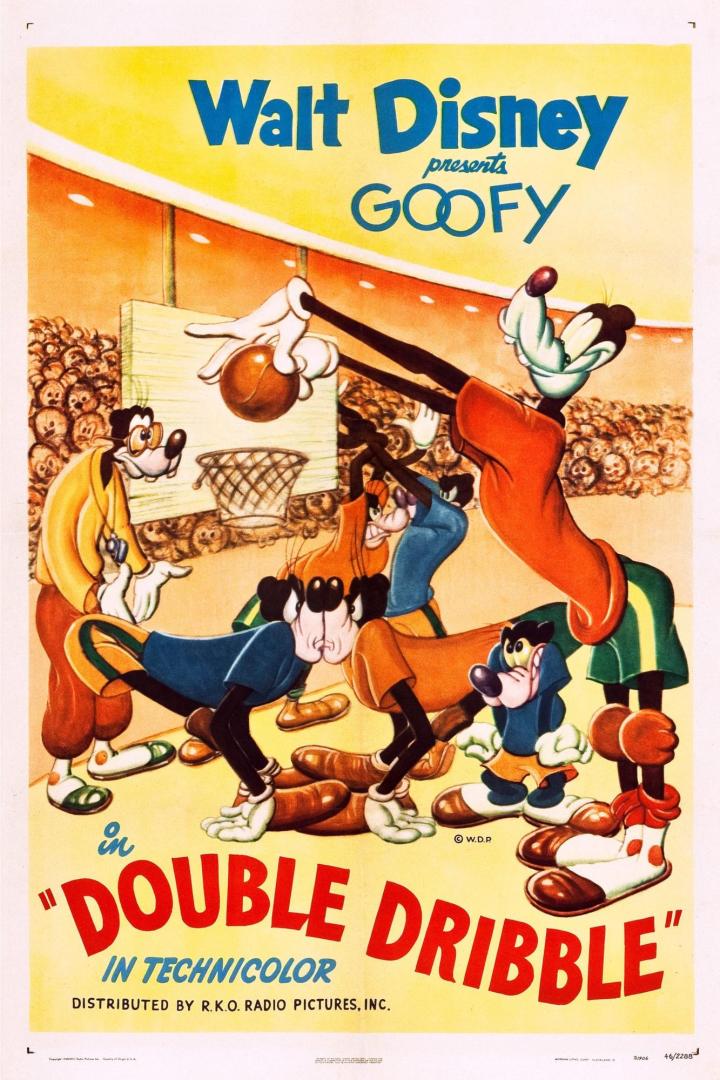 Das Filmplakat für Walt Disneys „Double Dribble“ zeigt Goofy und andere Figuren beim Basketball.