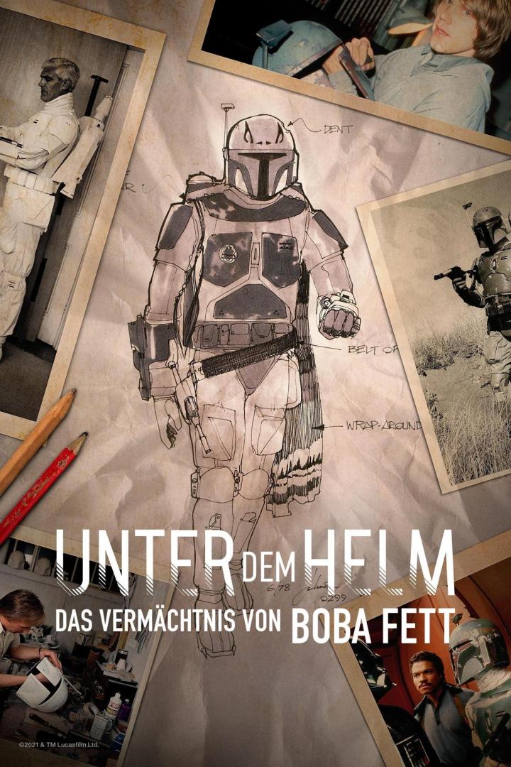 Eine Konzeptzeichnung von Boba Fetts Rüstung, umgeben von Fotos und Skizzen.