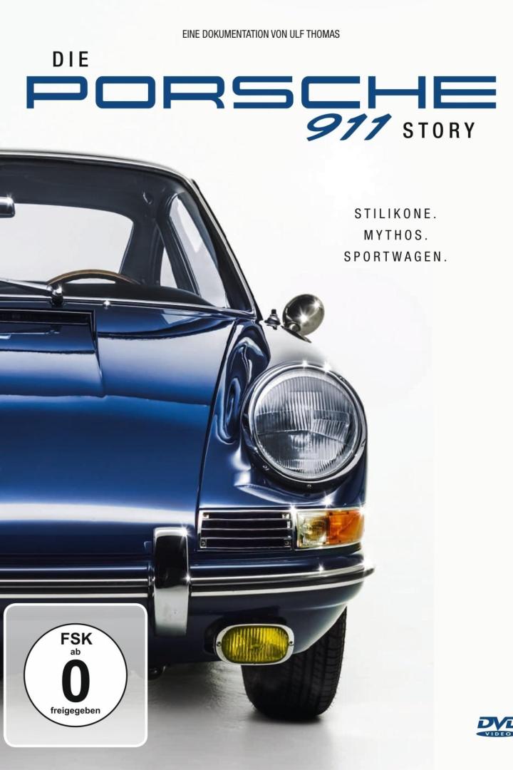 Das Cover der Dokumentation „Die Porsche 911 Story“ mit einem blauen Porsche 911 im Vordergrund.