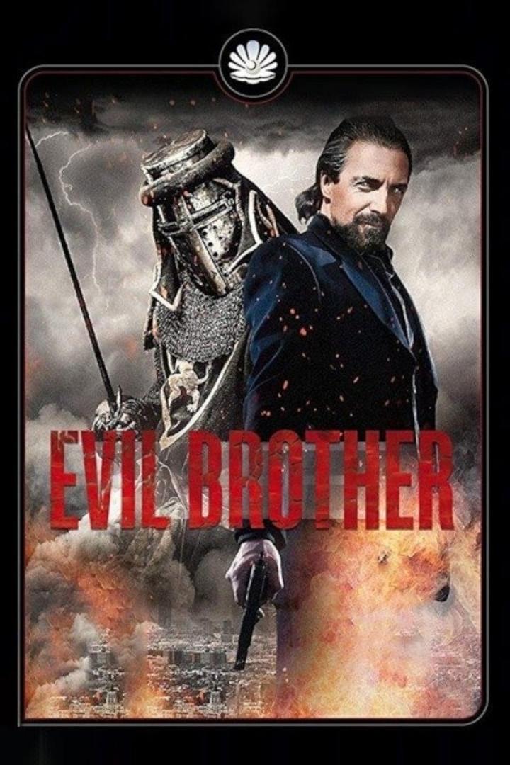 Ein Mann im Anzug und ein Ritter stehen vor einer brennenden Stadt. Im Vordergrund steht der Titel „Evil Brother“.