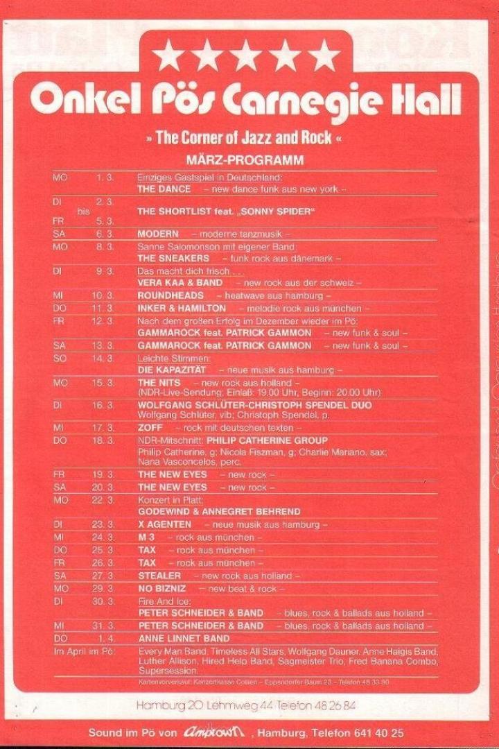 Ein Veranstaltungsplakat des „Onkel Pös Carnegie Hall“ für das März-Programm mit verschiedenen Musikgruppen.