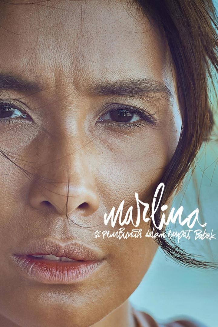 Nahaufnahme des Gesichts einer Frau mit ernstem Blick, möglicherweise ein Filmposter für „Marlina“.