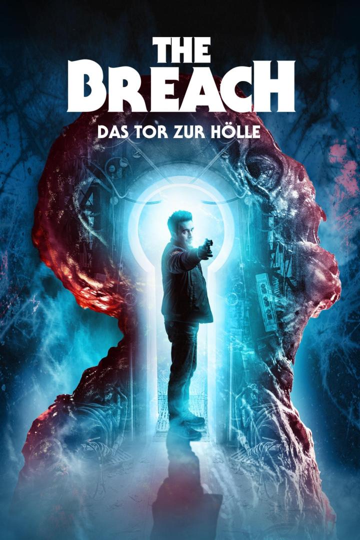 Ein Mann mit einer Waffe steht vor einem leuchtenden Tor auf dem Filmplakat zu „The Breach – Das Tor zur Hölle“.
