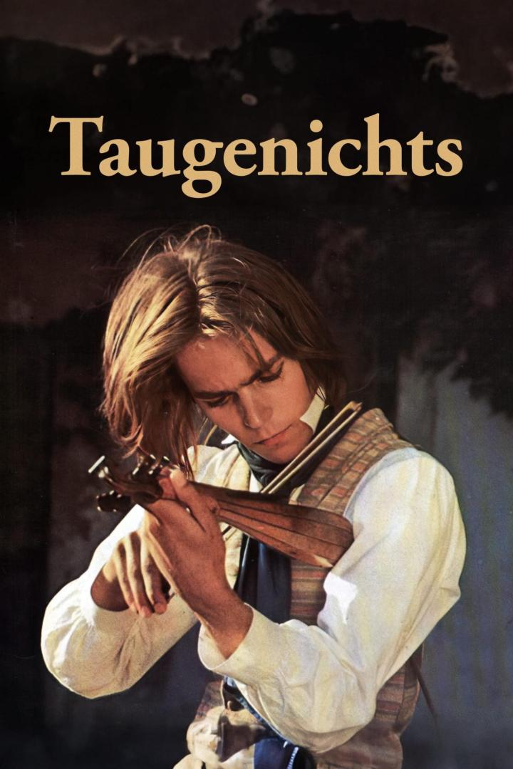 Ein junger Mann spielt auf einer Geige; Filmposter für „Taugenichts“.