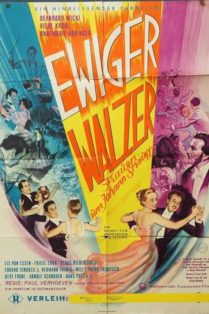 Das Filmplakat für „Ewiger Walzer“ zeigt tanzende Paare und die Namen der Schauspieler.