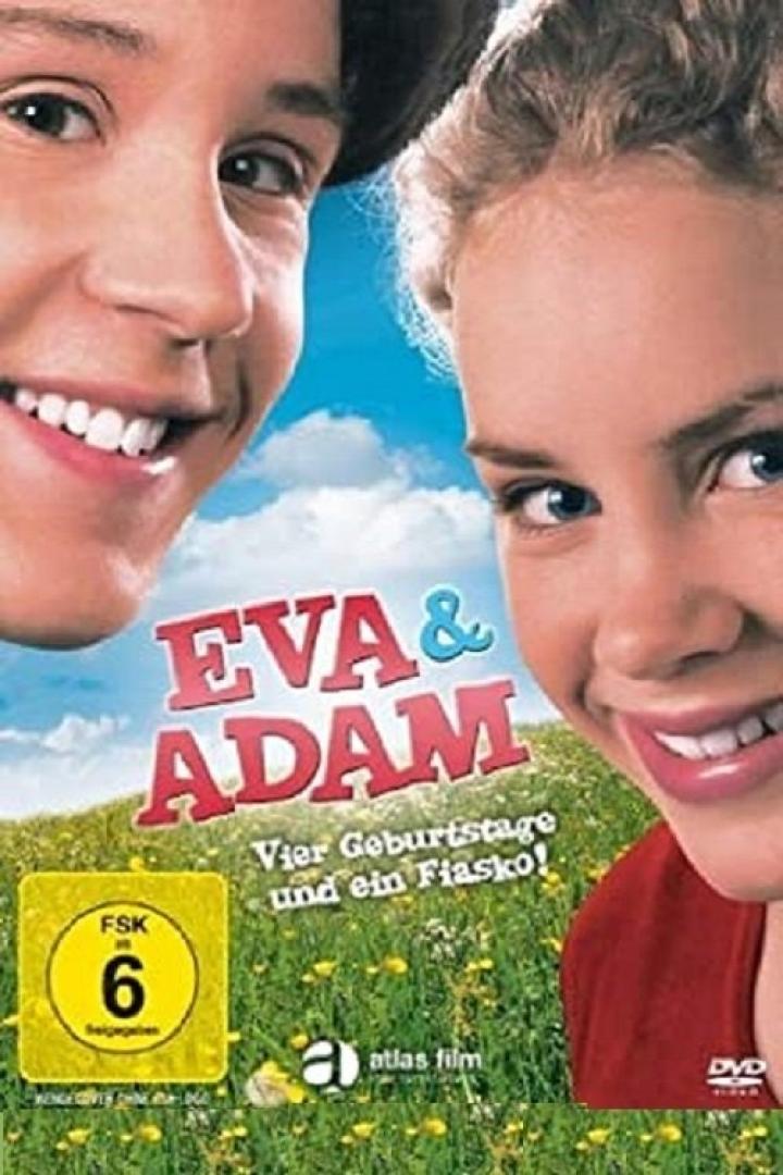 Das Filmplakat für „Eva & Adam: Vier Geburtstage und ein Fiasko“ zeigt die Gesichter zweier junger Menschen.