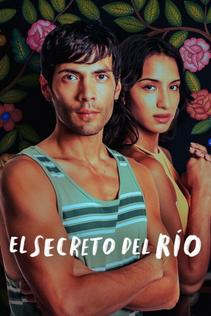 Ein Mann und eine Frau vor einem floralen Hintergrund, möglicherweise ein Filmposter für „El Secreto del Río“.
