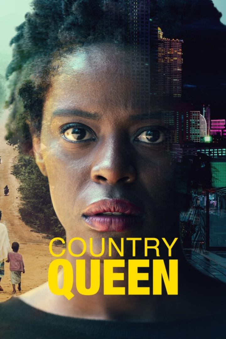 Das Filmplakat für „Country Queen“ zeigt das Gesicht einer Frau vor einer ländlichen und einer städtischen Szene.