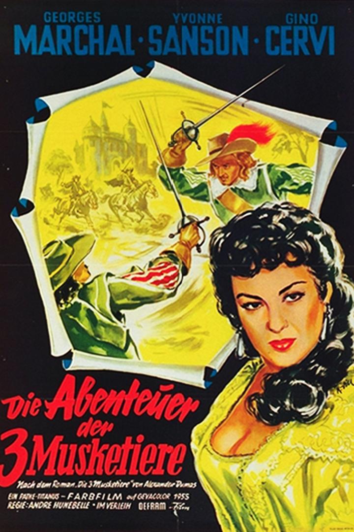 Filmposter für „Die Abenteuer der 3 Musketiere“ mit Yvonne Sanson und Fechtszenen.
