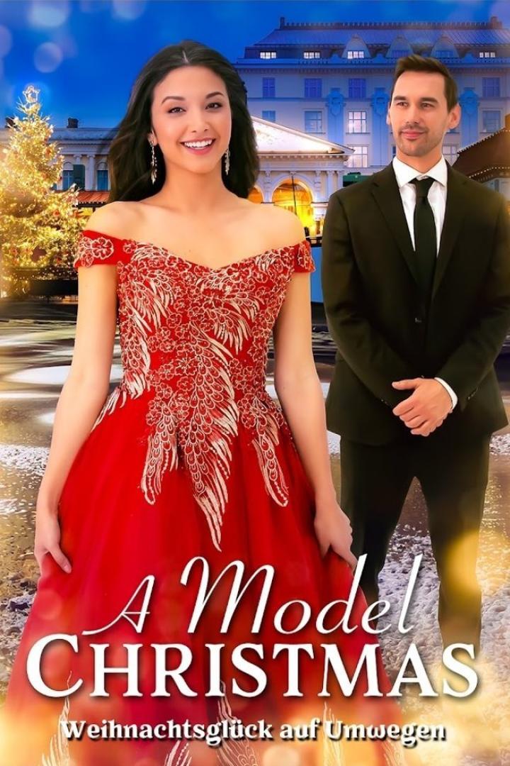 Eine Frau in einem roten Kleid und ein Mann im Anzug vor einem festlichen Gebäude für „A Model Christmas“.