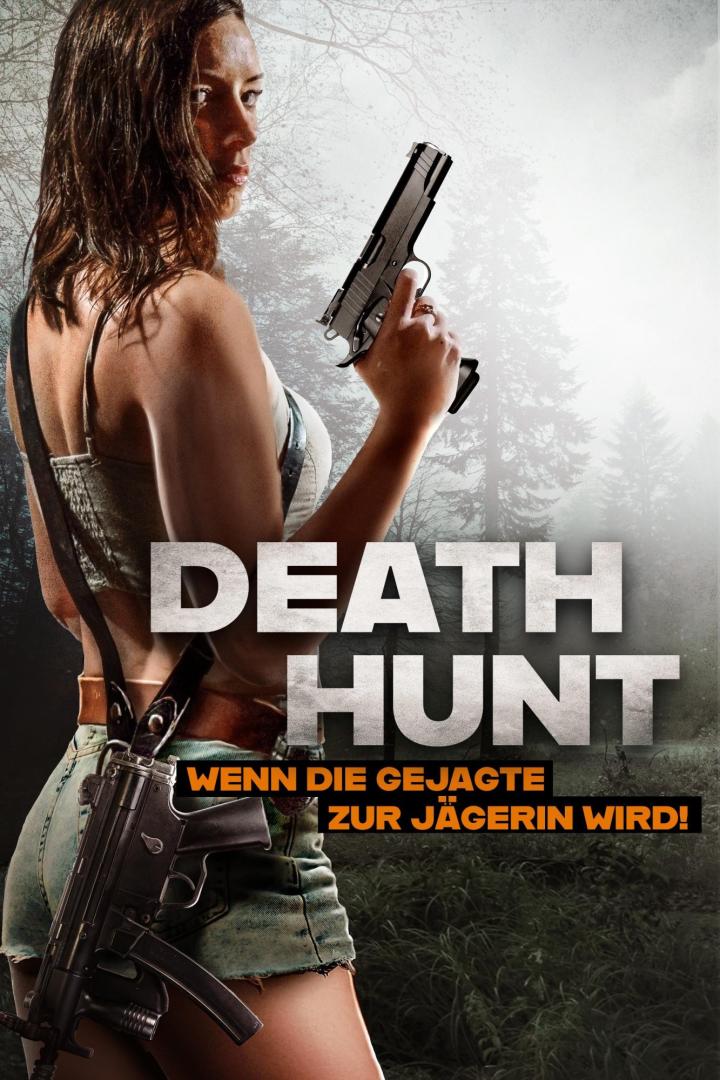 Eine Frau mit zwei Waffen auf dem Filmplakat für „Death Hunt“.