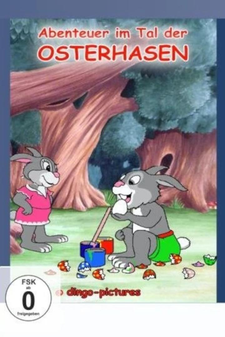 Cover des Films „Abenteuer im Tal der Osterhasen“ mit zwei Hasen beim Eier bemalen.