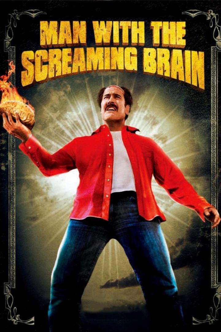Ein Mann hält ein brennendes Gehirn in der Hand, im Hintergrund der Filmtitel „Man with the Screaming Brain“.