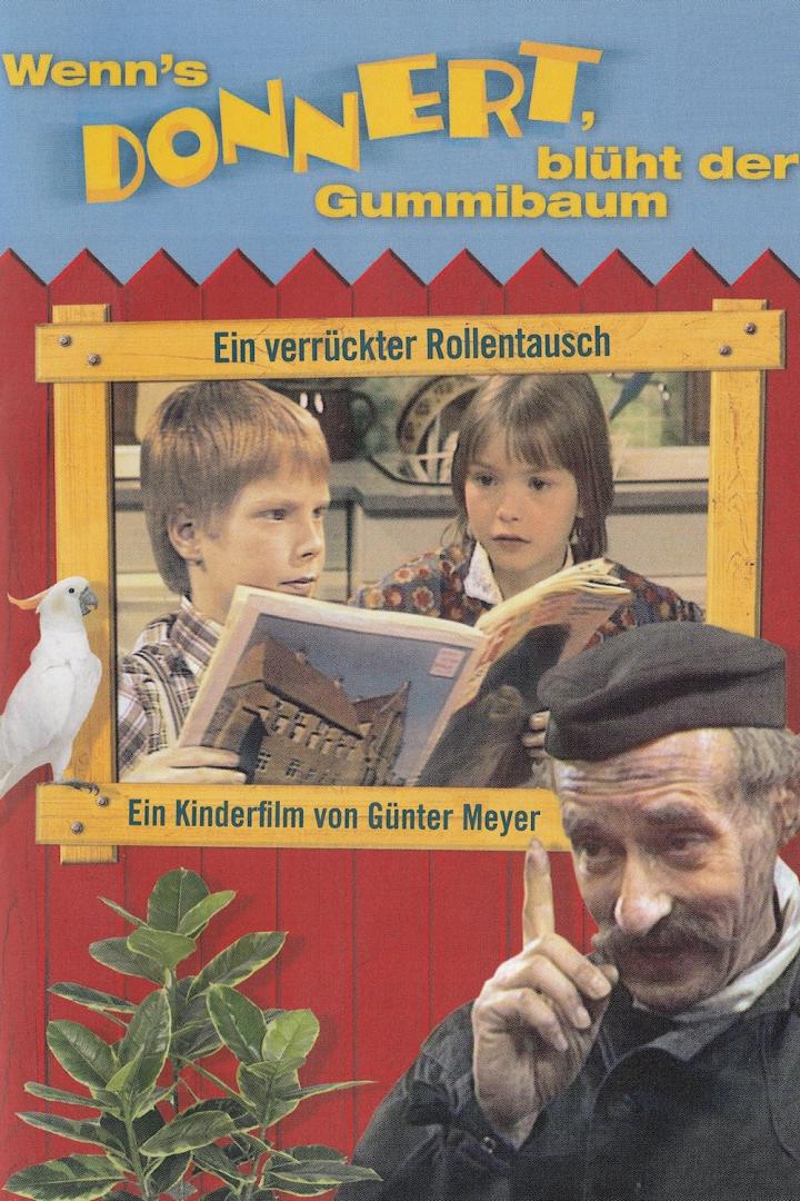 Das Filmplakat für „Wenn's donnert, blüht der Gummibaum“ zeigt zwei Kinder und einen Mann.