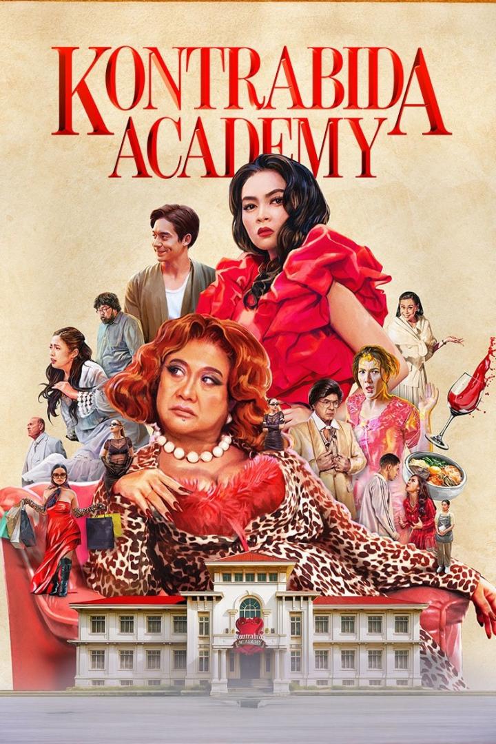 Das Filmplakat für „Kontrabida Academy“ zeigt eine Gruppe von Schauspielercharakteren vor einem Schulgebäude.