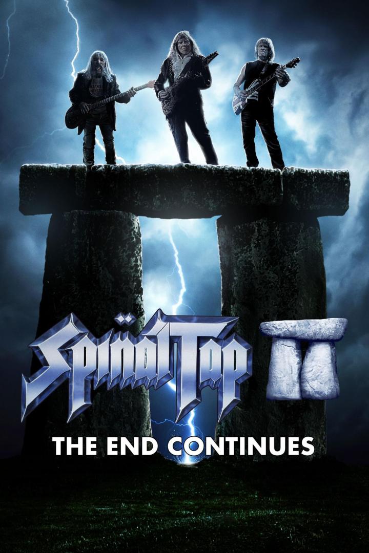 Das Filmplakat für „Spinal Tap II: The End Continues“ zeigt die Band auf einem Steinkreis bei Gewitter.