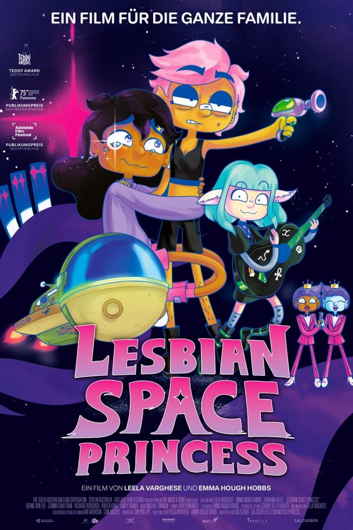 Das Filmplakat für „Lesbian Space Princess“ zeigt vier animierte Figuren und ein Raumschiff vor einem Sternenhimmel.