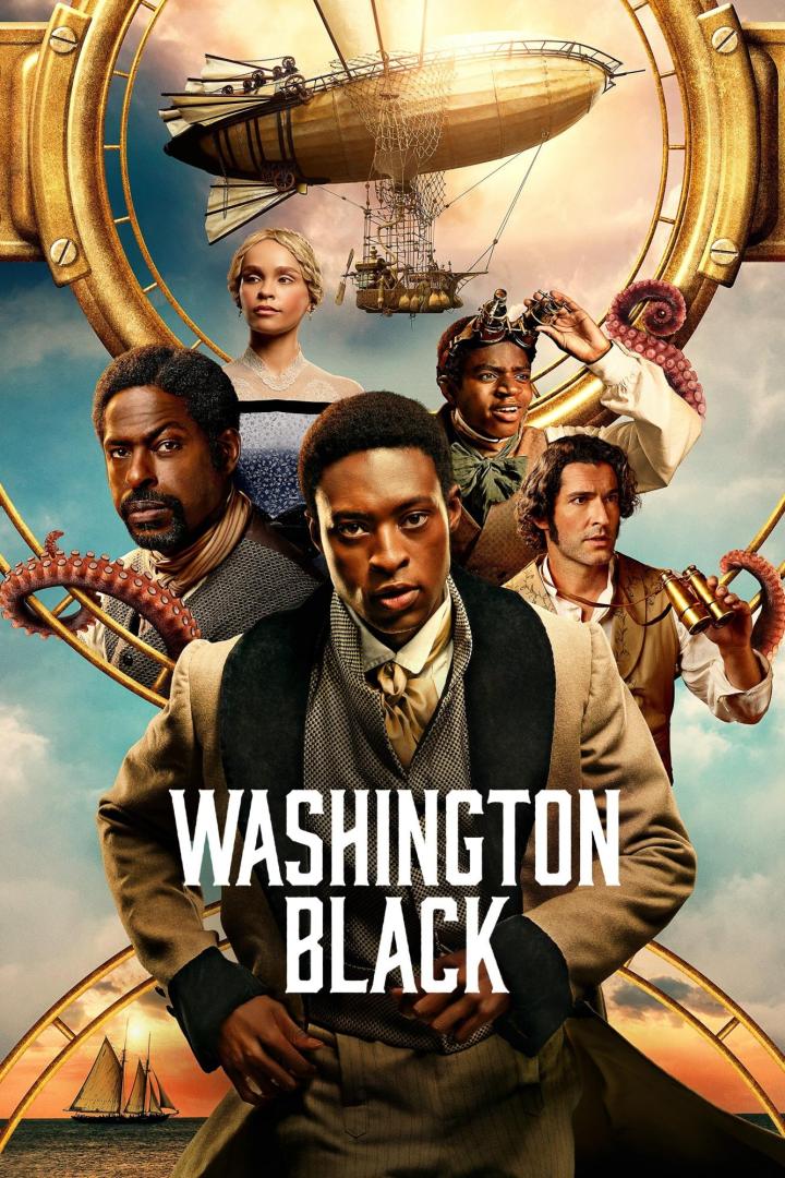 Das Poster für „Washington Black“ zeigt die Hauptfiguren vor einem Luftschiff und einem Himmel voller Wolken.