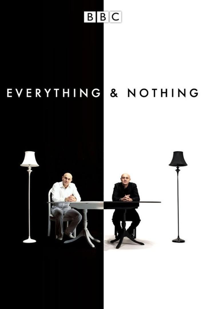 Das Poster für die BBC-Dokumentation „Everything & Nothing“ zeigt zwei Männer an Tischen vor schwarzem und weißem Hintergrund.