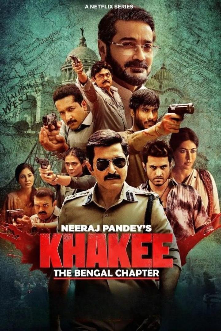 Das Poster für „Khakee: The Bengal Chapter“, eine Netflix-Serie, zeigt bewaffnete Charaktere vor einer Karte von Bengalen.