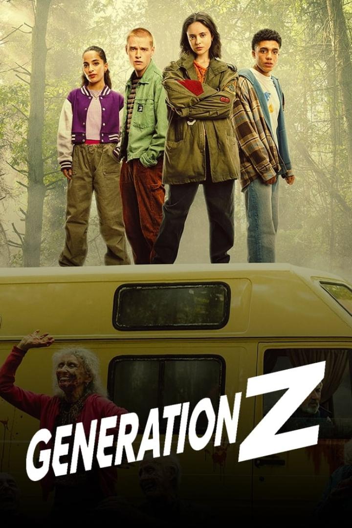 Das Filmplakat für „Generation Z“ zeigt vier junge Leute, die auf einem gelben Lieferwagen stehen, während Zombies unten angreifen.