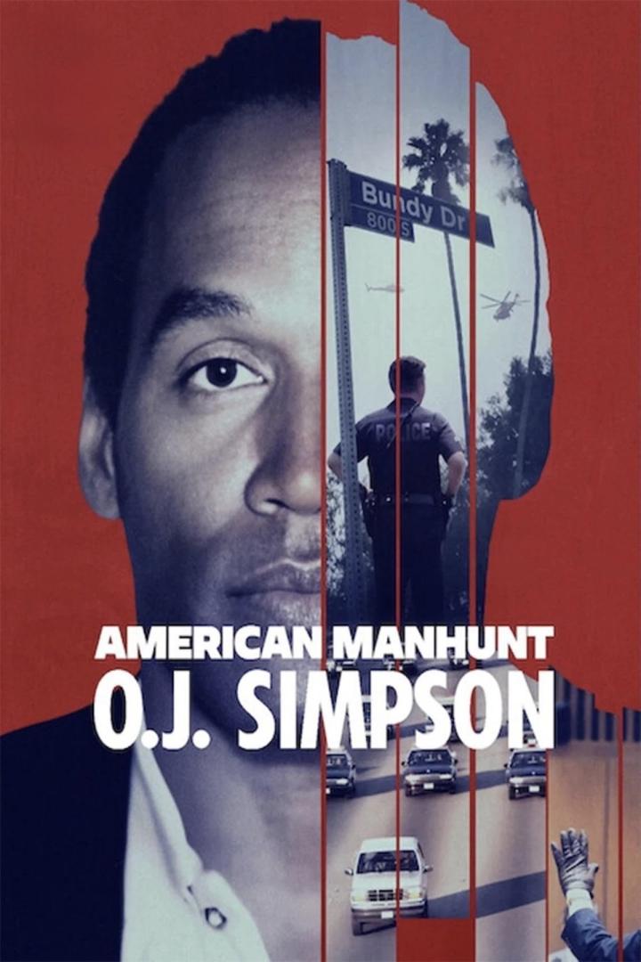 Das Poster für „American Manhunt: O.J. Simpson“ zeigt Simpson, einen Tatort und eine Verfolgungsjagd.