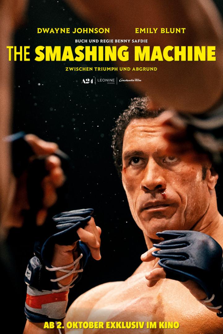 Dwayne Johnson in der Rolle des Ringers Mark Kerr auf dem Filmplakat zu „The Smashing Machine“.