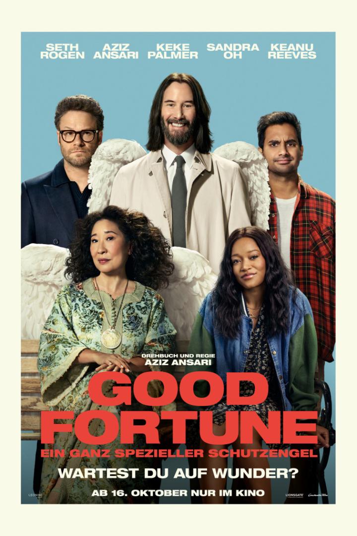 Keanu Reeves als Schutzengel und die anderen vier Darsteller von „Good Fortune“ auf dem Filmplakat.