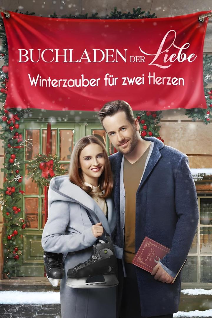 Ein Paar steht vor einem Banner für den Film „Buchladen der Liebe: Winterzauber für zwei Herzen“.