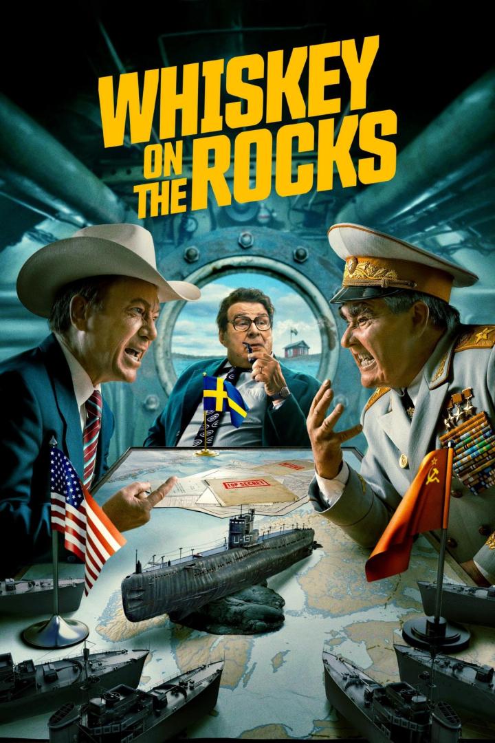 Das Filmplakat für „Whiskey on the Rocks“ zeigt einen Cowboy, einen Schweden und einen russischen General, die einen Konflikt planen.