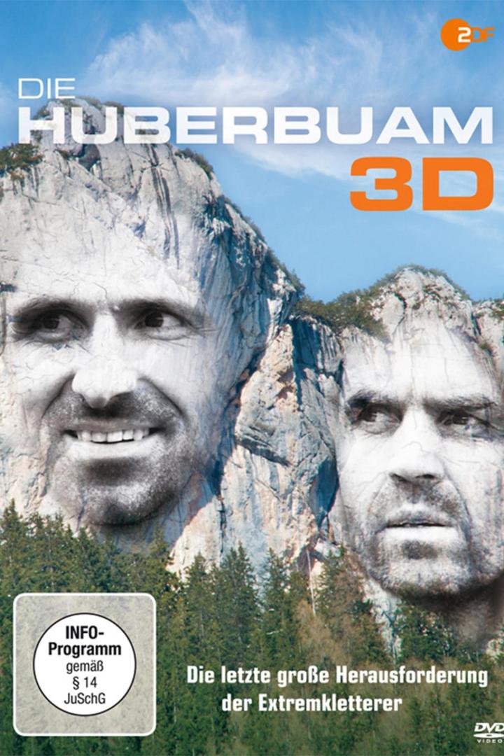 Das Cover des Films „Die Huberbuam 3D“ zeigt die Gesichter der Kletterer in Felsformationen.