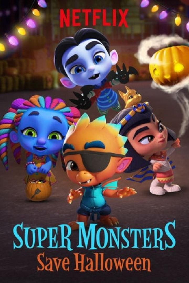 Das Poster für „Super Monsters Save Halloween“ zeigt animierte Monsterkinder vor einem Halloween-Hintergrund.