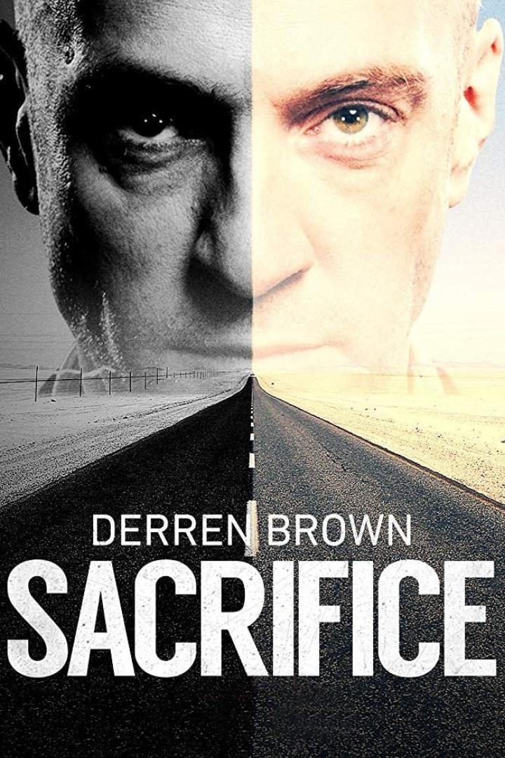 Das Filmplakat für „Sacrifice“ mit Derren Brown zeigt eine Straße, die sich in sein Gesicht teilt.