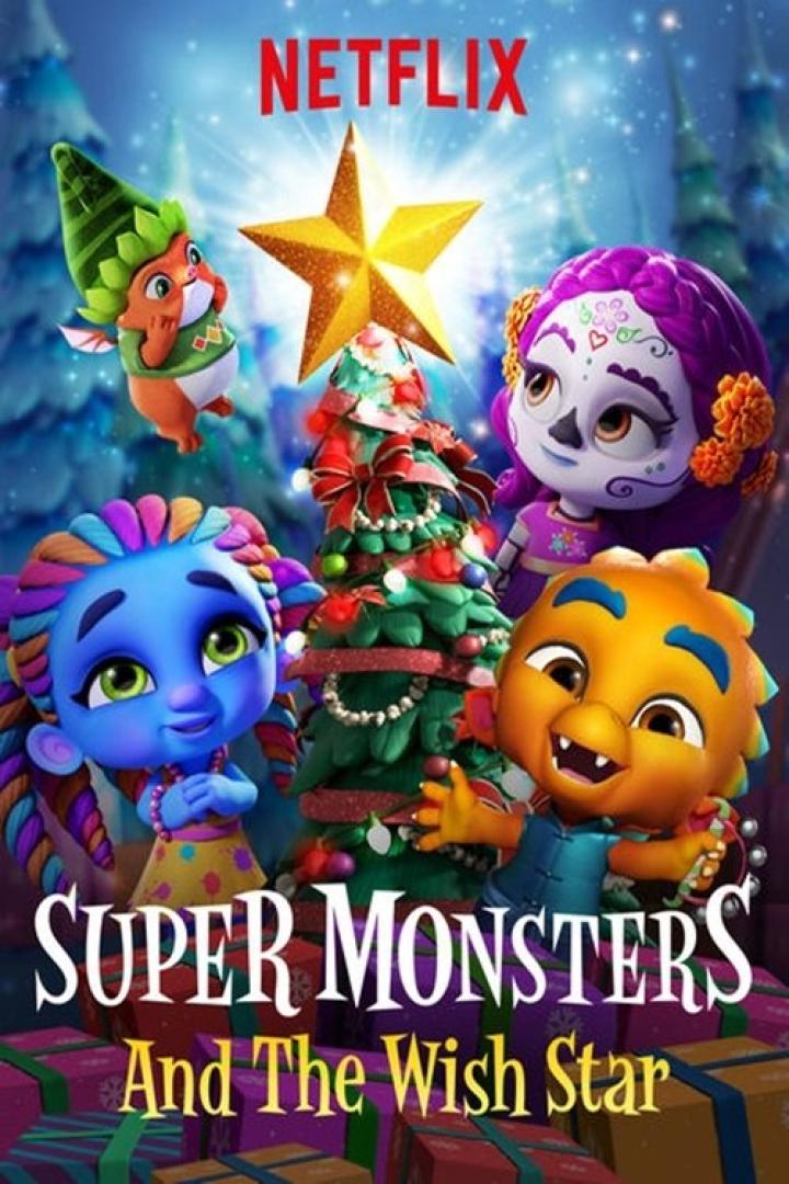 Das Poster für „Super Monsters: Die Wunschstern“ auf Netflix zeigt animierte Monsterfiguren und einen Weihnachtsbaum.